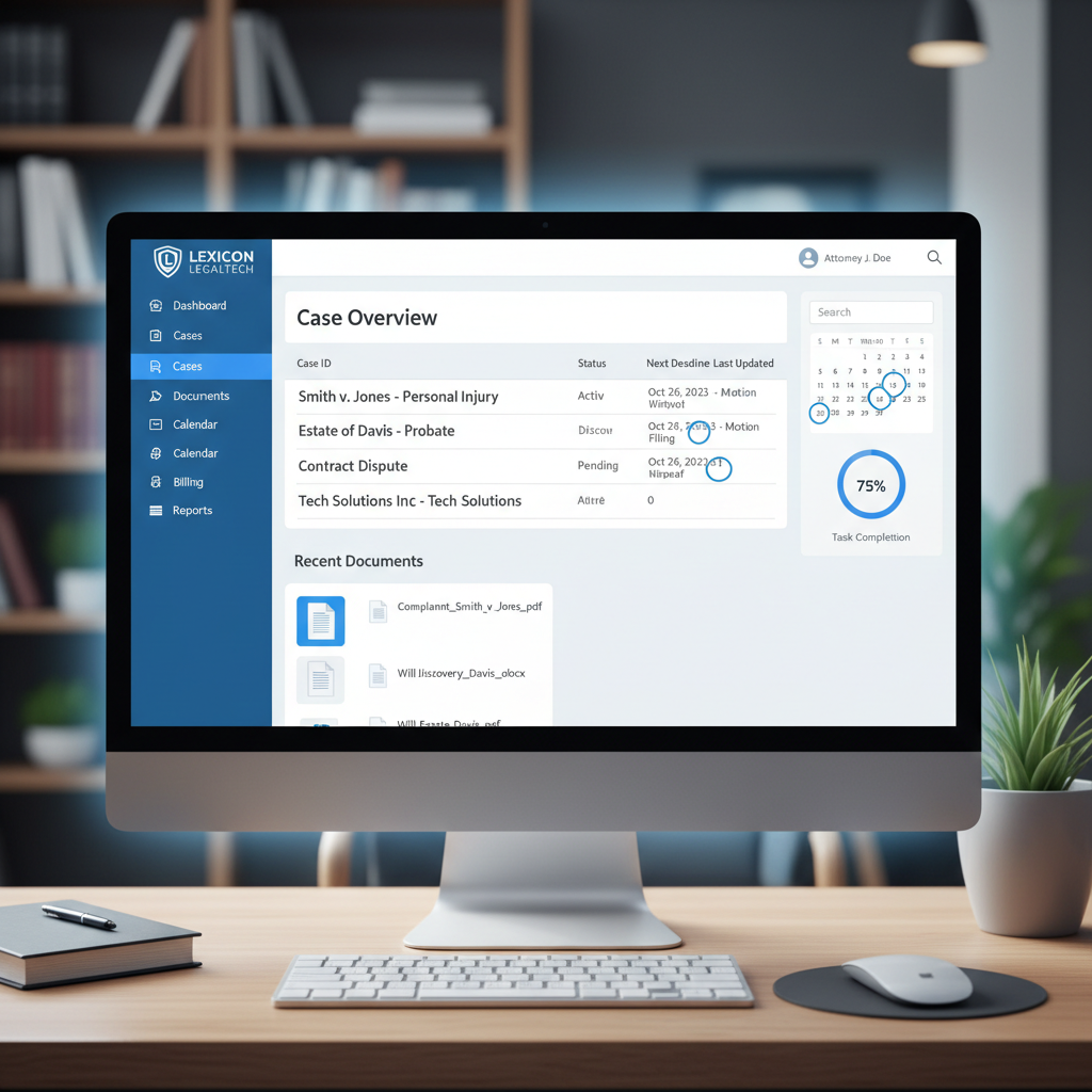 Legal professional at desk with digital case management system on screen