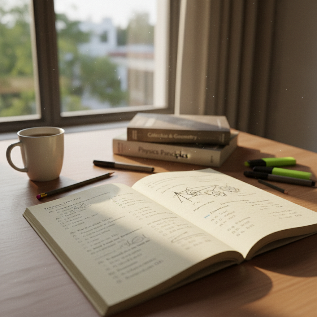 Open book on bright wooden desk with morning sunlight, warm airy atmosphere