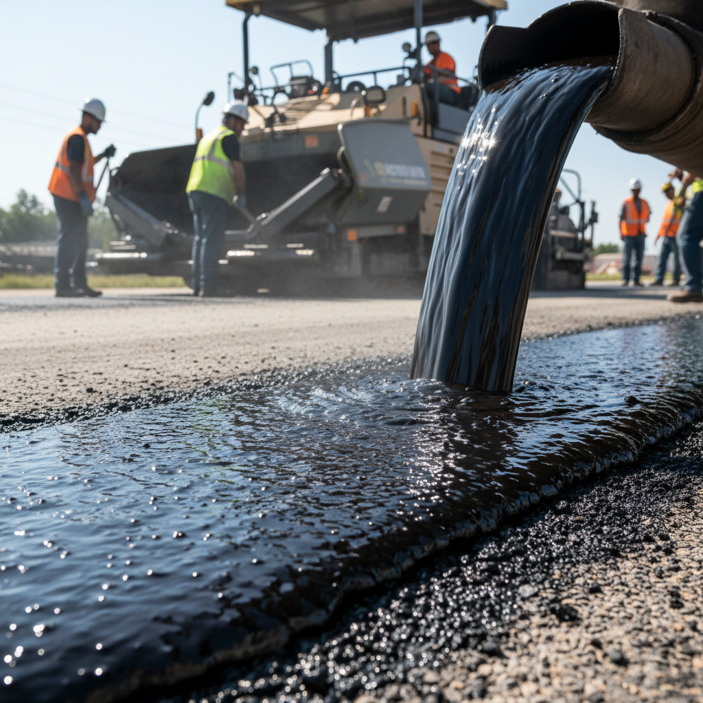 Black bitumen asphalt being poured during road construction, viscous petroleum binder