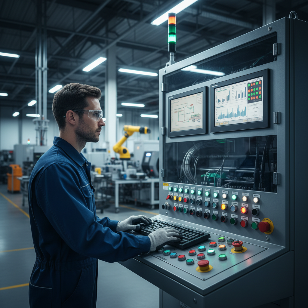 Engineer programming industrial PLC control panel with multiple screens showing conveyor system data