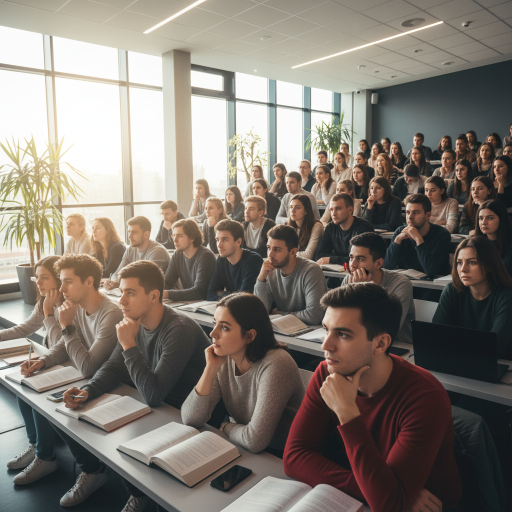 University lecture hall with students attending class and natural light streaming through windows