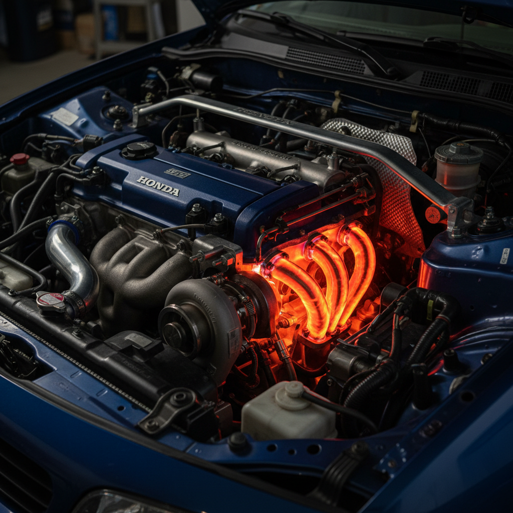 Honda engine bay with turbo manifold glowing under boost — VtecShop performance build