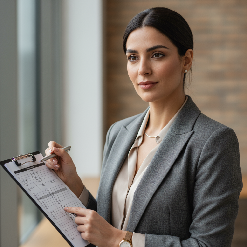 Professional Kuwaiti woman in business attire reviewing quality checklist with tablet