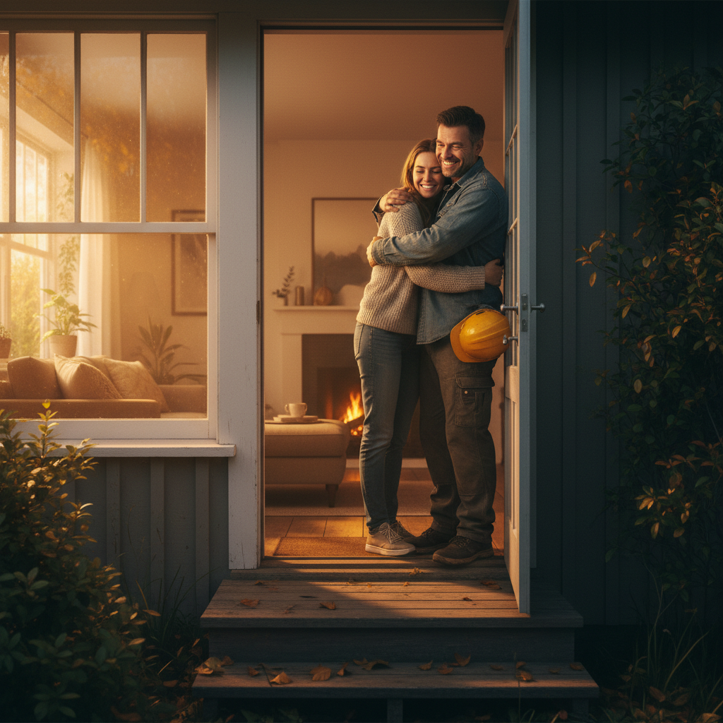 Industrial worker embracing family partner at home doorway, work boots off, warm evening light through window