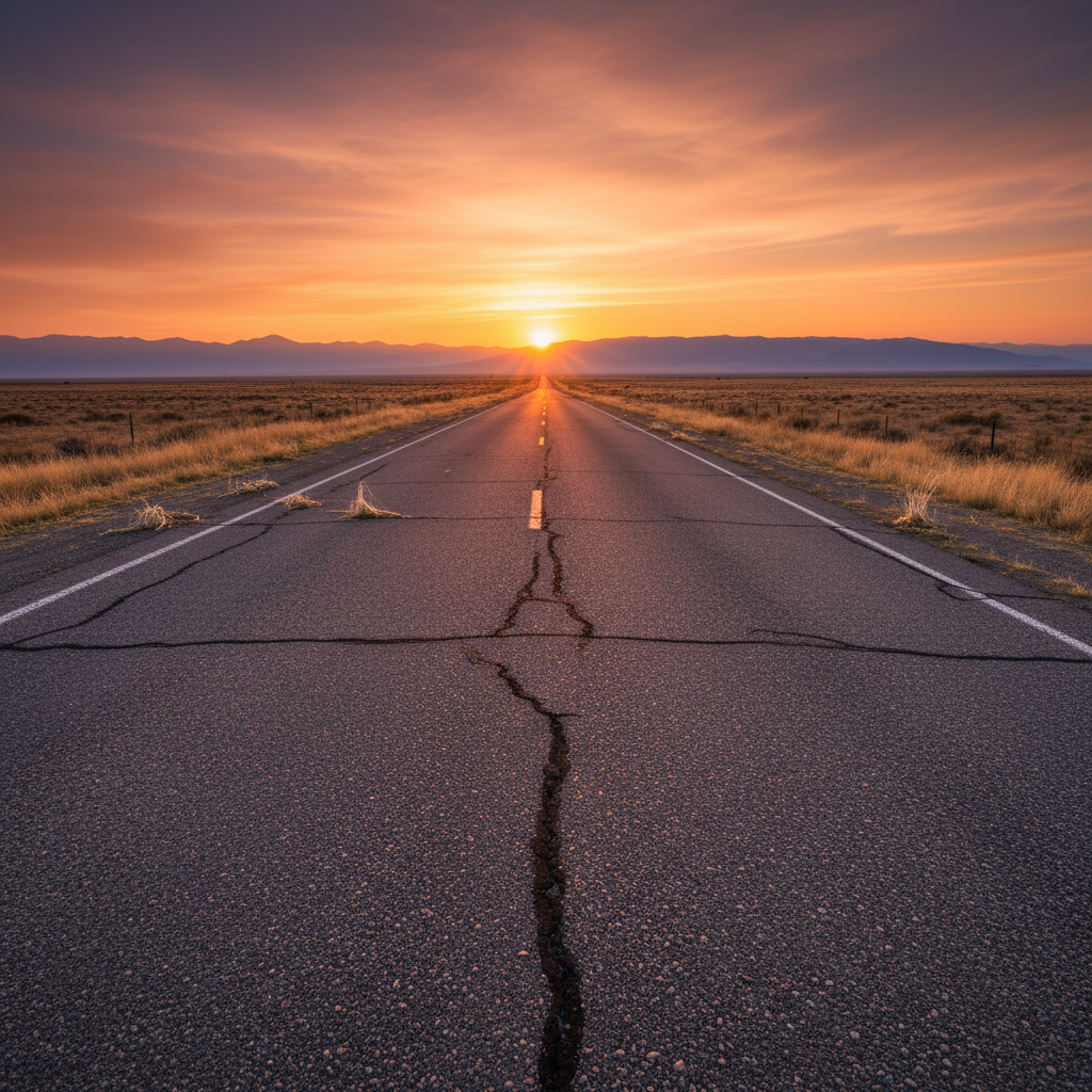 Long empty road at dusk stretching toward distant mountains, warm amber light