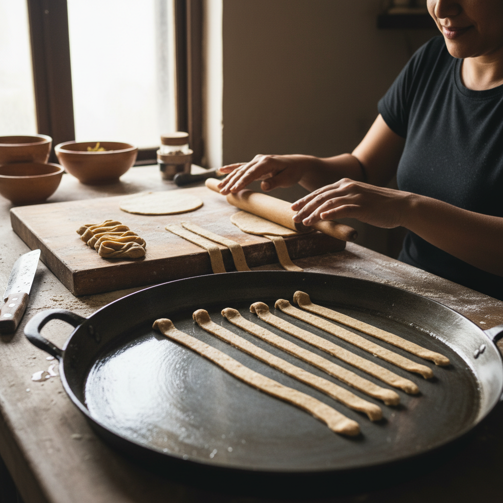 Chapati being rolled and cut into strips, then folded into kidney beans in a large flat pan