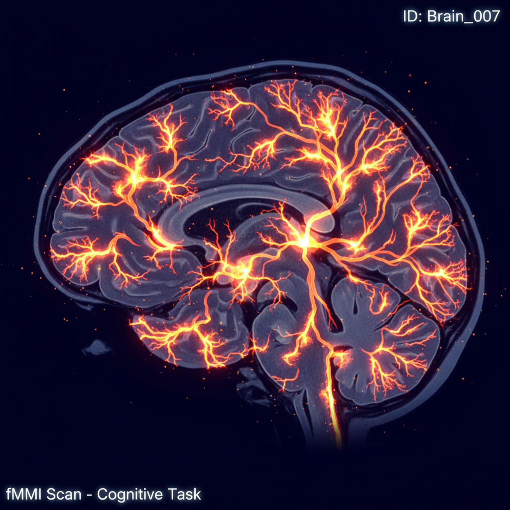 Human brain cross-section visualization with neural activity highlighted in blue and purple patterns