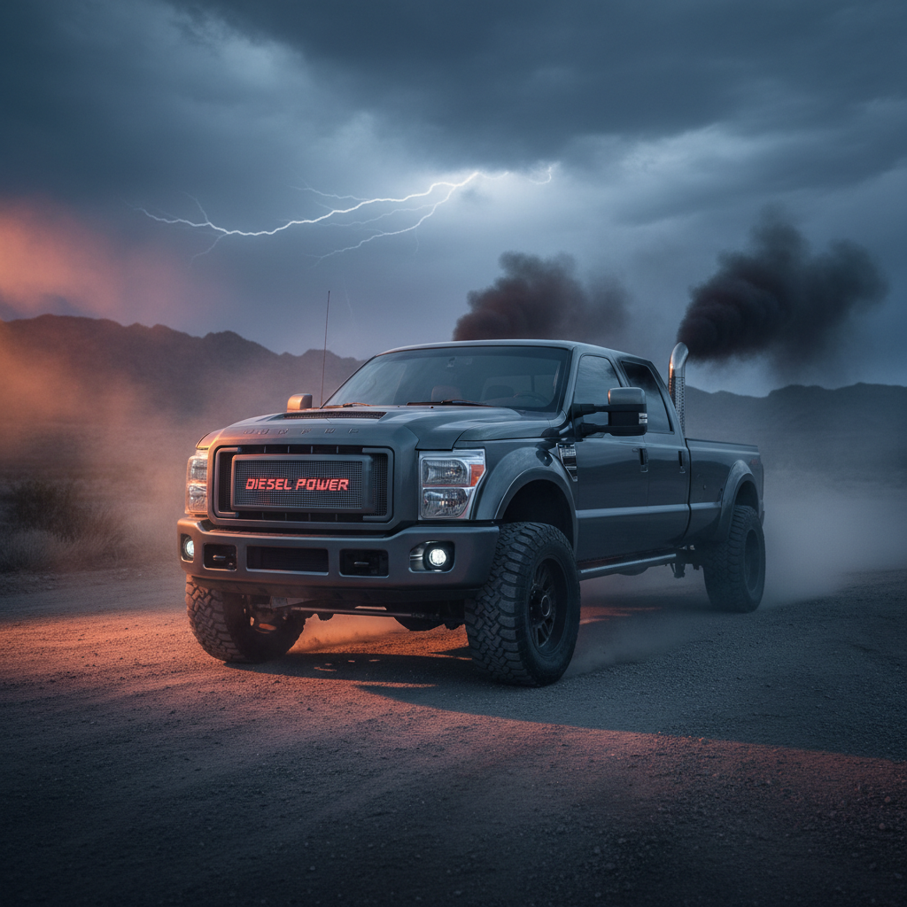 Performance diesel truck, dark charcoal finish, cinematic outdoor lighting