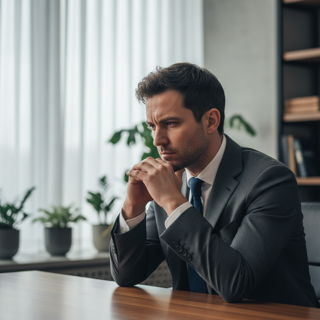 Man in professional setting with contemplative posture