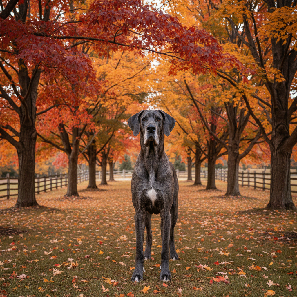 Great Dane dog standing in a maple-lined yard at Maplecroft kennel