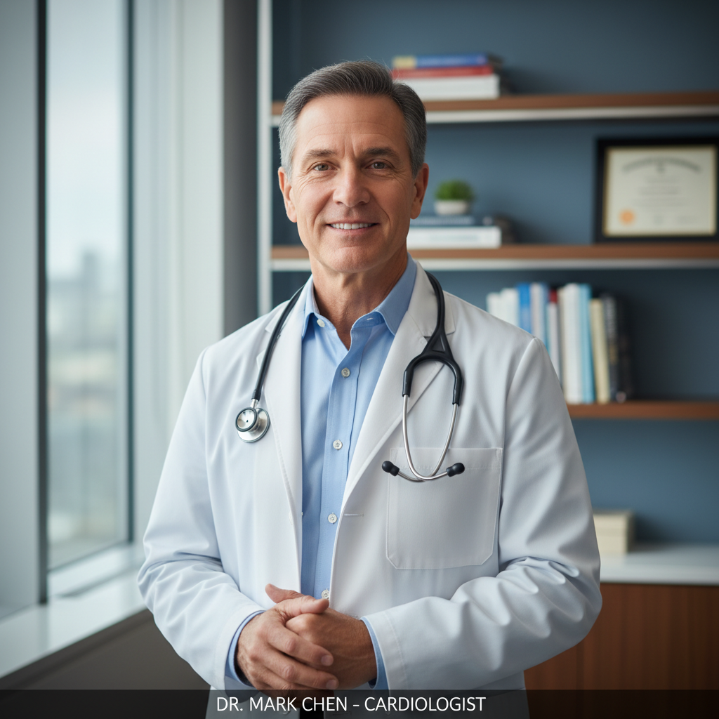 Dr. Cyril Thompson in white medical coat standing confidently in modern medical office with aesthetic equipment