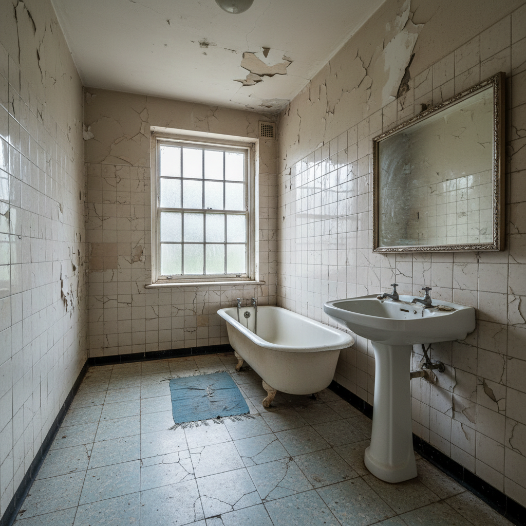 Outdated bathroom with old vanity and worn tile before remodel