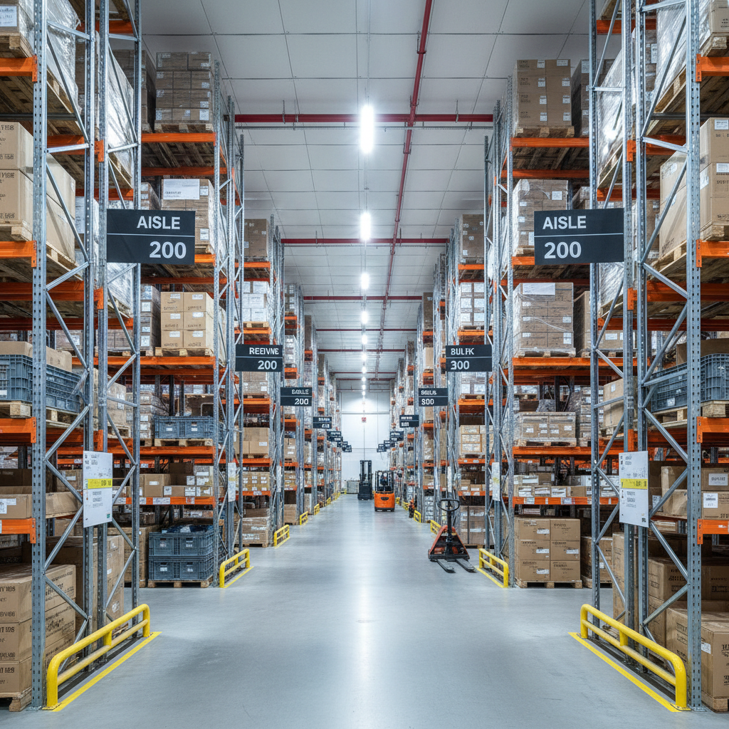 Organized warehouse shelving with wholesale inventory boxes in dim industrial lighting, dark storage environment