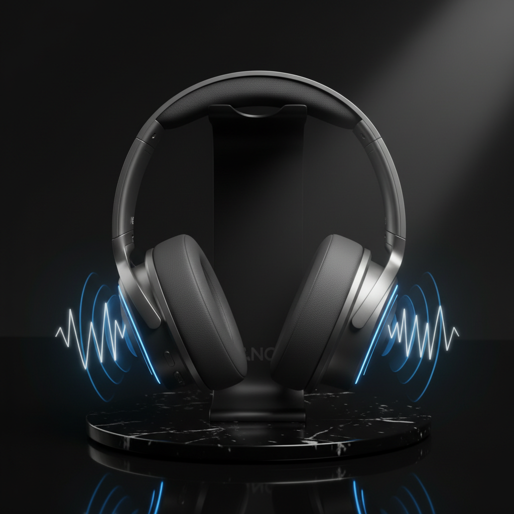 Premium noise-canceling headphones resting on dark surface under spotlight