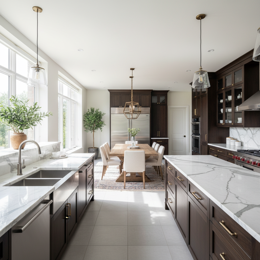 Luxury interior with dark wood paneling and warm lighting in premium villa dining room