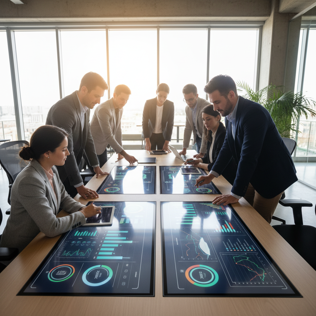Modern government office with professionals reviewing digital dashboards on screens