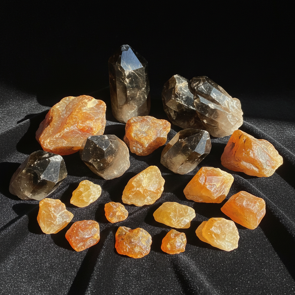 Collection of raw amber, smoky quartz, and citrine crystals arranged on dark velvet cloth