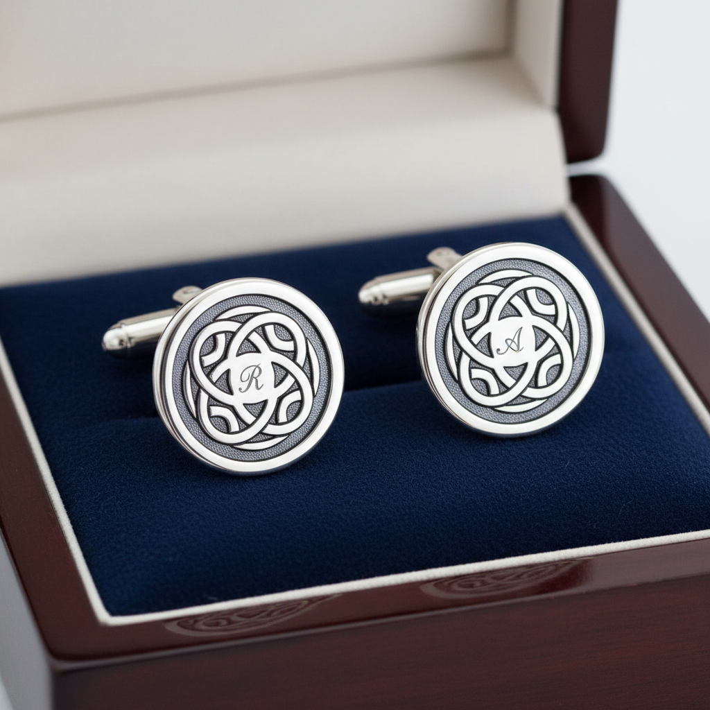 Sterling silver engraved cufflinks resting on dark velvet inside a presentation box