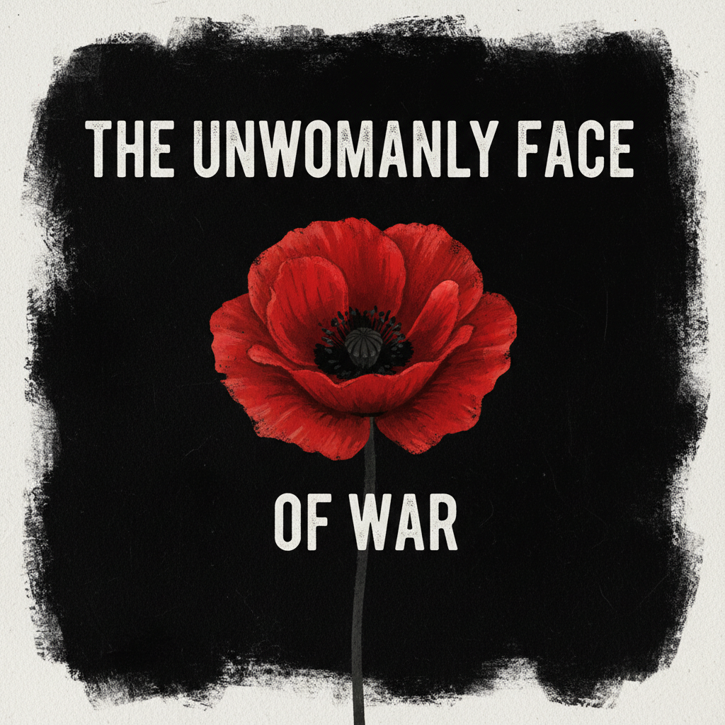 Stark black and white cover with a single red poppy, The Unwomanly Face of War