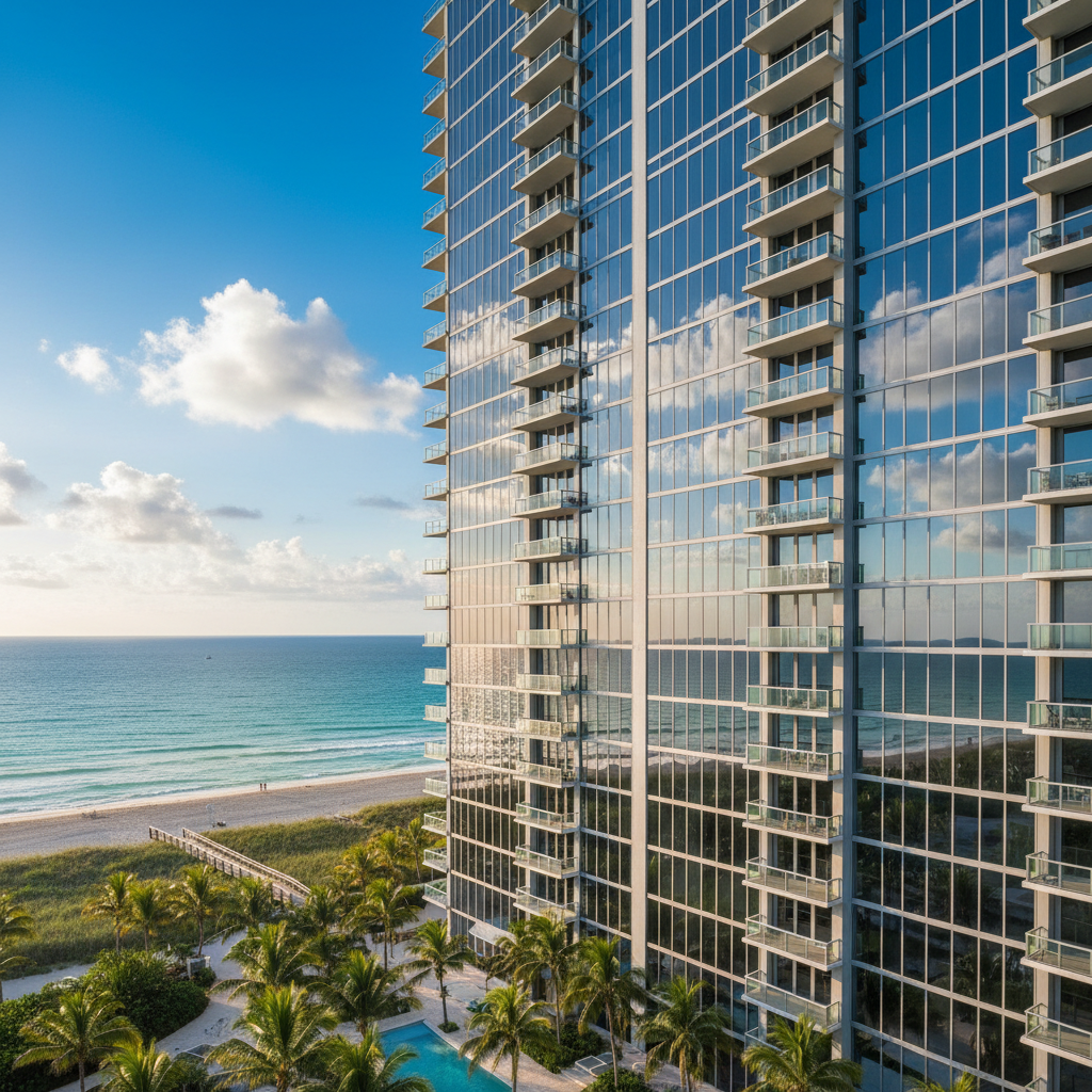 Coastal high-rise residential tower with hurricane-rated glass curtain wall in Miami
