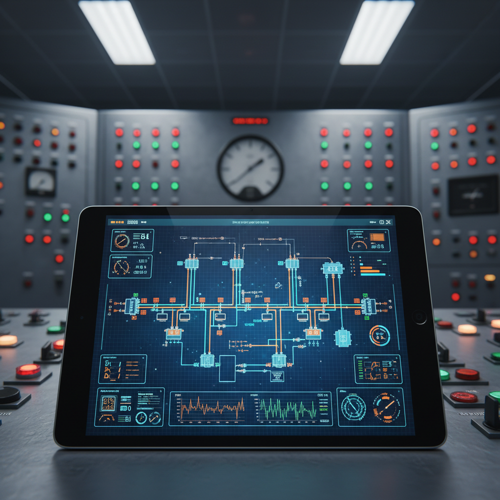 Grid software dashboard displayed on tablet at electrical substation control room