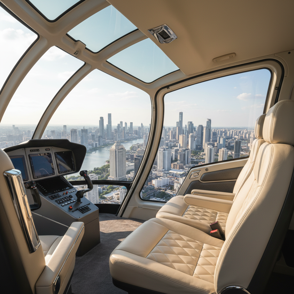 Helicopter cabin interior with leather seats and panoramic glass windows overlooking city skyline