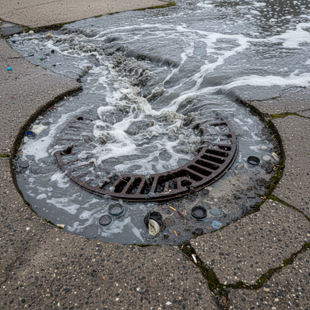 Storm drain with gray runoff water carrying car wash chemicals and road pollutants into the gutter