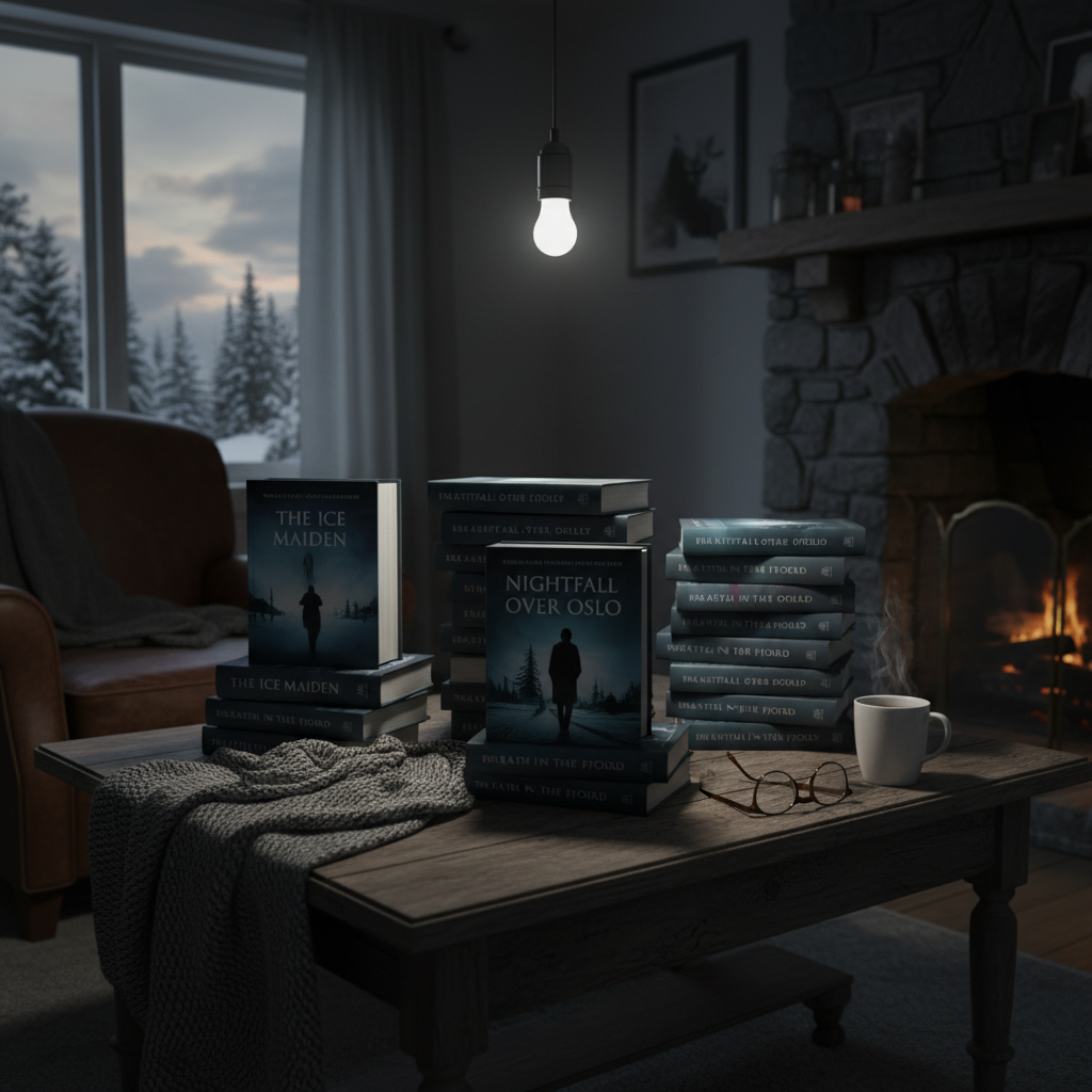 Dark Scandinavian crime novels stacked on a coffee table