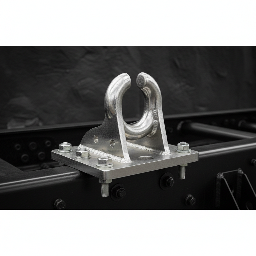 Professional grade pintle hitch hardware mounted on truck frame, shiny steel against dark metal background