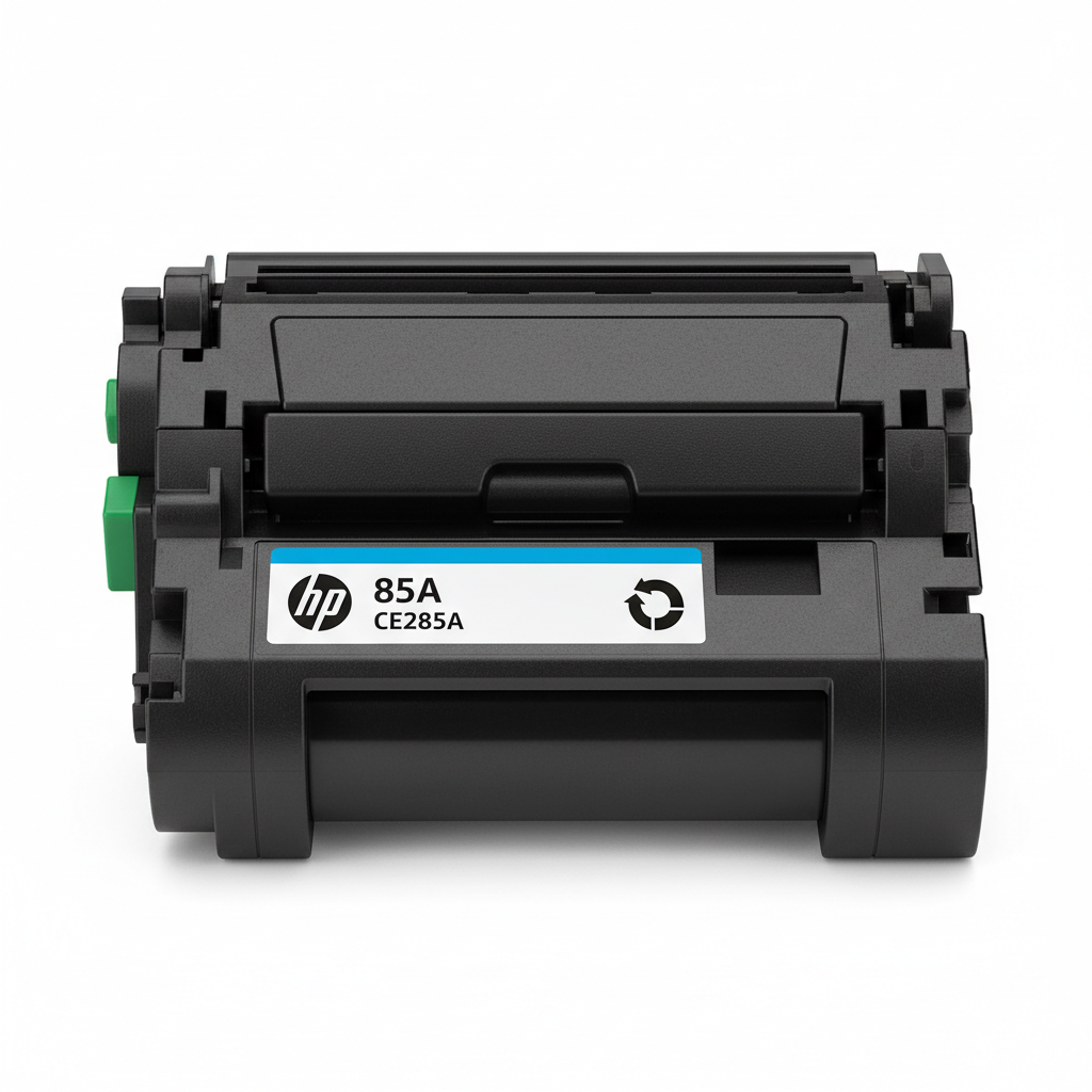 Black printer toner cartridge on white background with clean product photography lighting