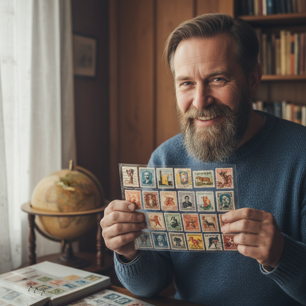Middle-aged European man with beard smiling, German stamp specialist collector