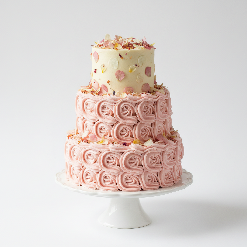 Floral buttercream cake with piped roses in blush pink and sage green on a white stand