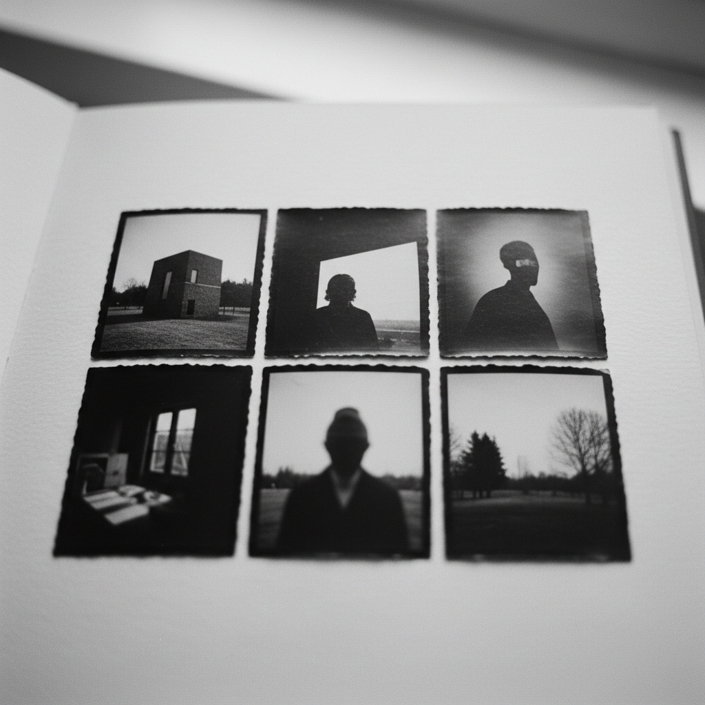 Black and white film photographs arranged in minimal grid layout on white album page