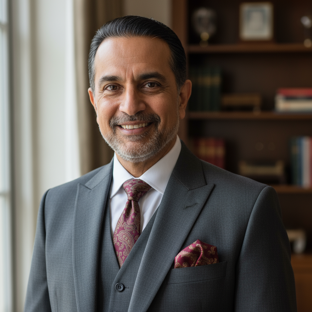 Trust chairman portrait, professional Indian man in formal attire