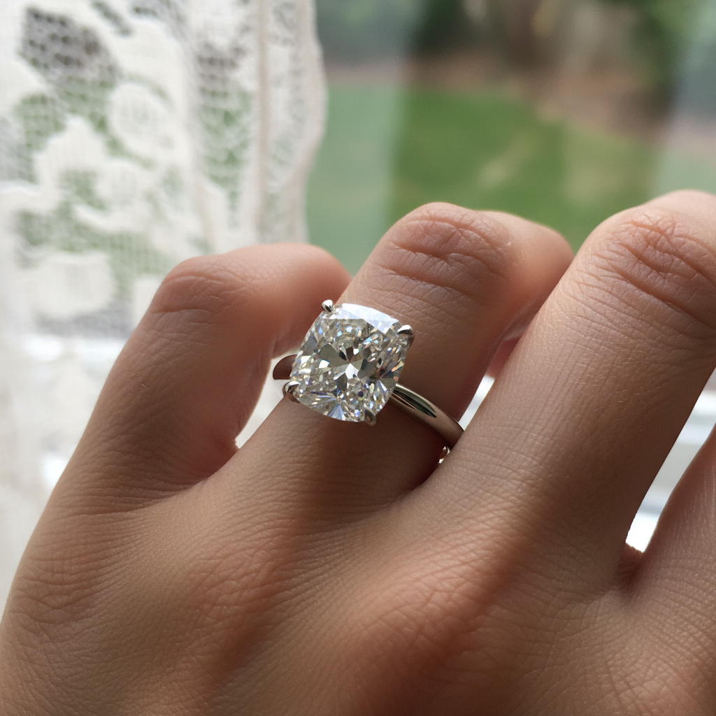 Custom diamond engagement ring with round brilliant solitaire in platinum setting — DETARA bespoke