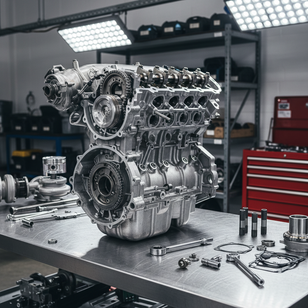 Diesel engine block components in industrial workshop, dark metallic surfaces, professional lighting