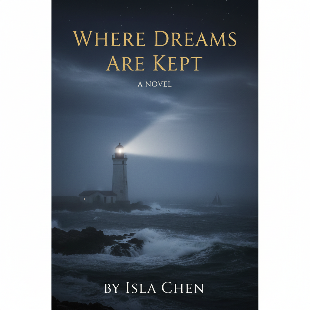 Literary debut book cover with lighthouse beam cutting through ocean fog at night