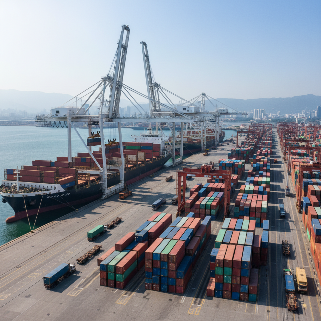 Aerial view of shipping containers stacked at a busy commercial seaport
