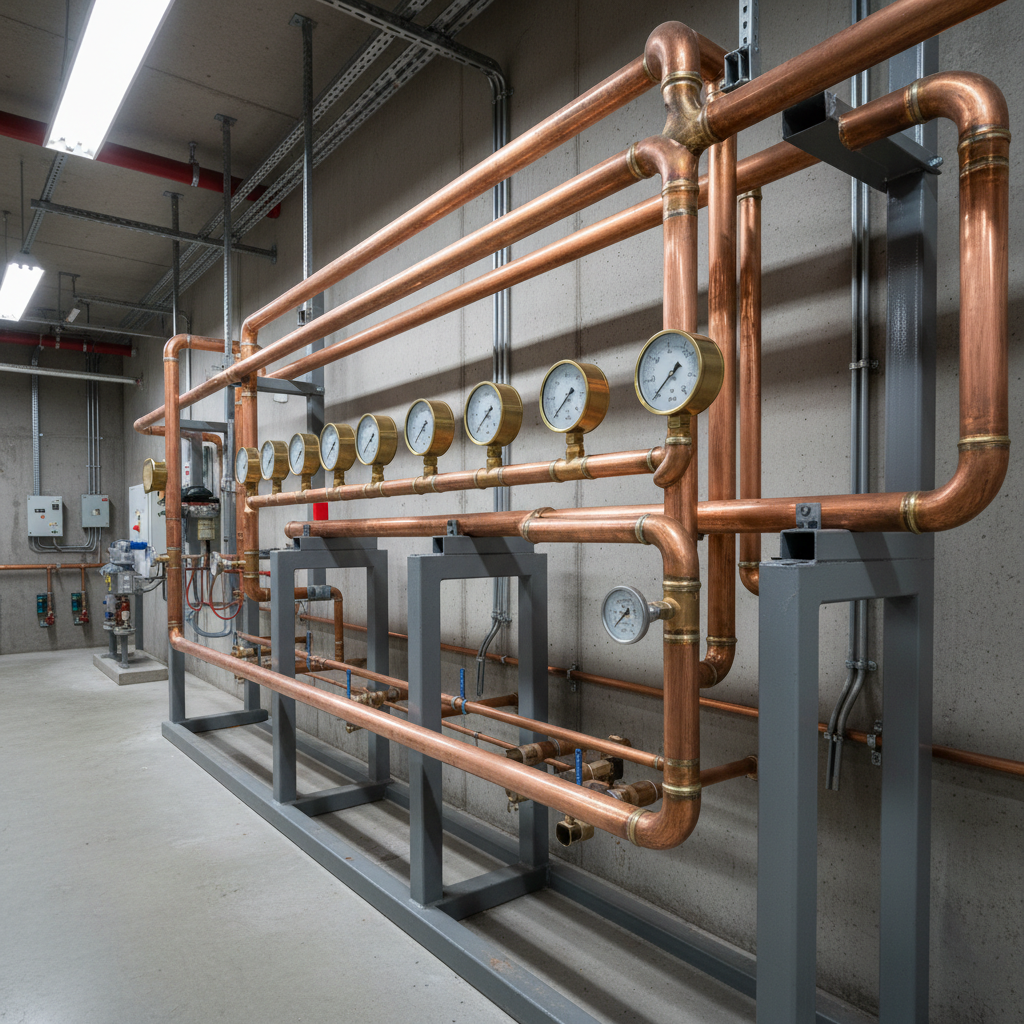 Copper pipe header assembly with brazed fittings and pressure gauges in mechanical room