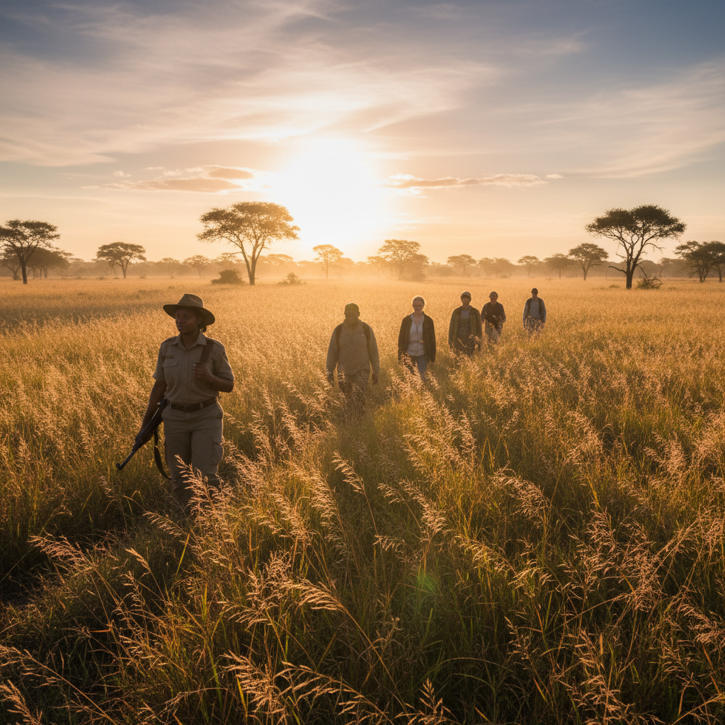 Universal Adventures safari guide in Land Rover at dusk, dramatic dark savanna, warm amber sky, professional photography