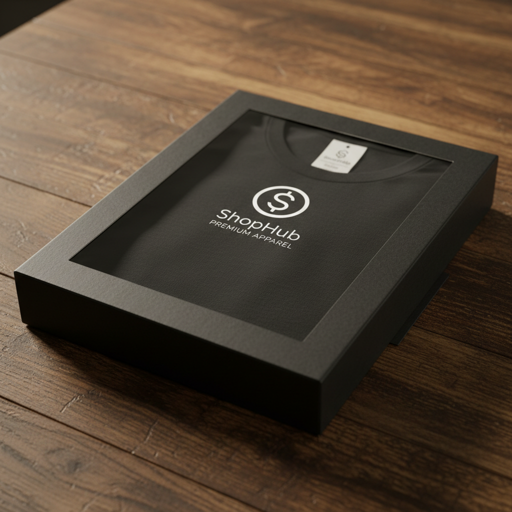 Camiseta preta na embalagem premium da ShopHub sobre mesa de madeira