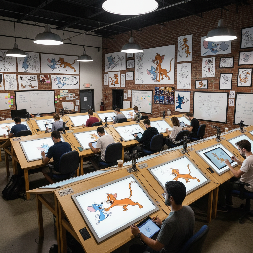 Workspace setup dengan dual monitor, drawing tablet, dan sketsa karakter di dinding