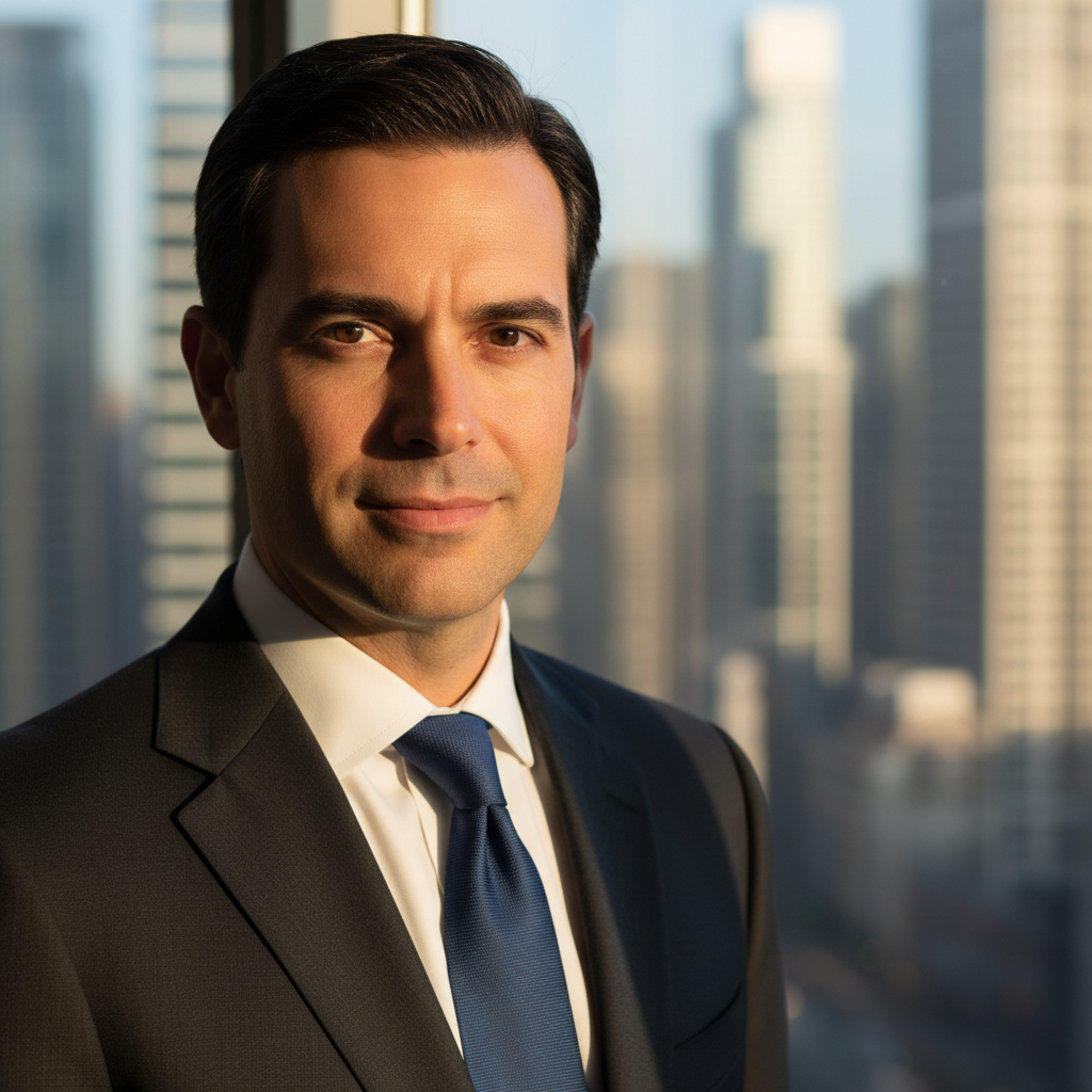 Male Managing Director, dark suit, one catchlight each eye, city skyline dissolving behind