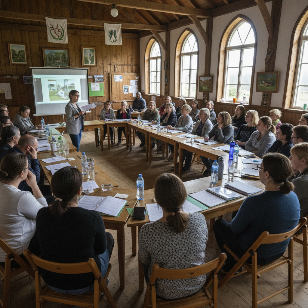 Community meeting in a village hall, people seated and engaged, bright natural light, collaborative and hopeful atmosphere