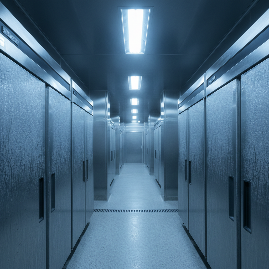 Commercial kitchen corridor with condensation on stainless steel refrigerator doors, cold blue fluorescent light