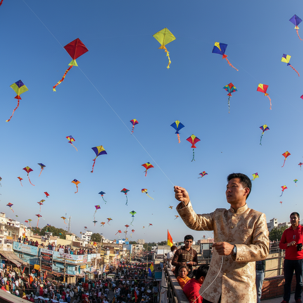 Kite flying with  manja in Uttarayan festival, colorful kites against blue sky