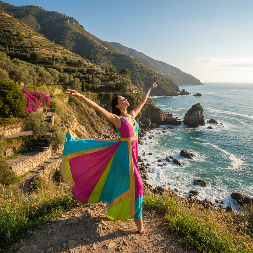 Jacquemus campaign, colorful minimal dress in natural landscape, bright Mediterranean sunlight