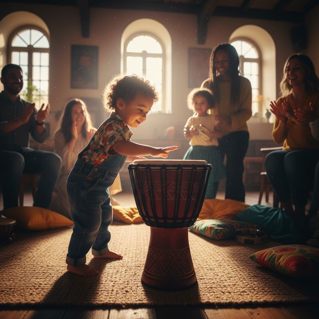Child discovering rhythm near a djembe drum during family circle