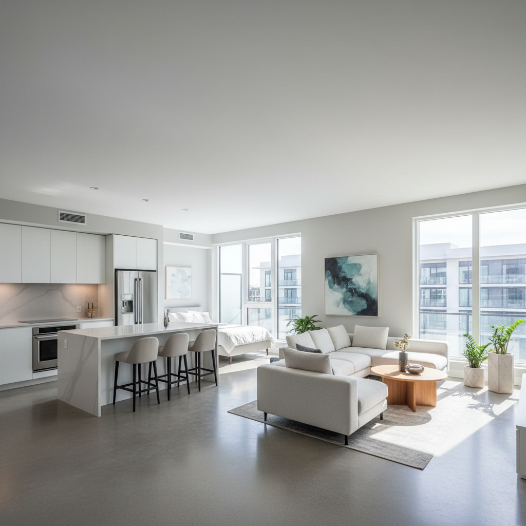 Modern two-bedroom apartment interior with clean white walls