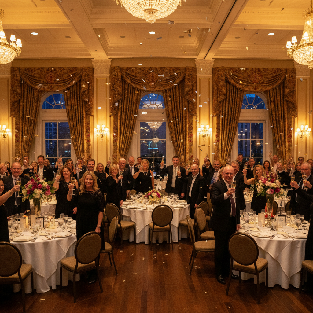 Group of friends celebrating at formal gala event with champagne glasses